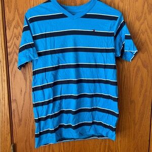 Tommy Hilfiger Turquoise Blue and Navy Striped V-Neck Tee